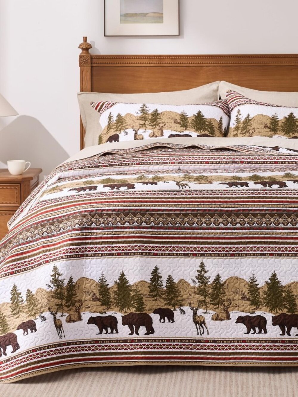 Cabin Queen Quilt Bedding Set, Christmas Lightweight Reversible Rustic Bear
